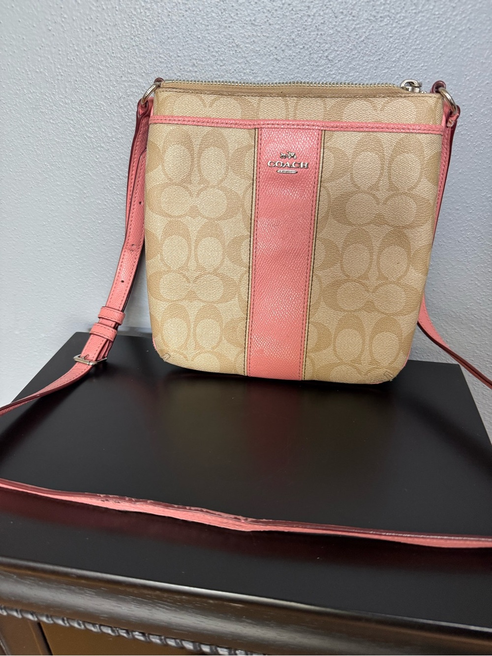 Coach Tan Signature Canvas Crossbody with Pink Trim